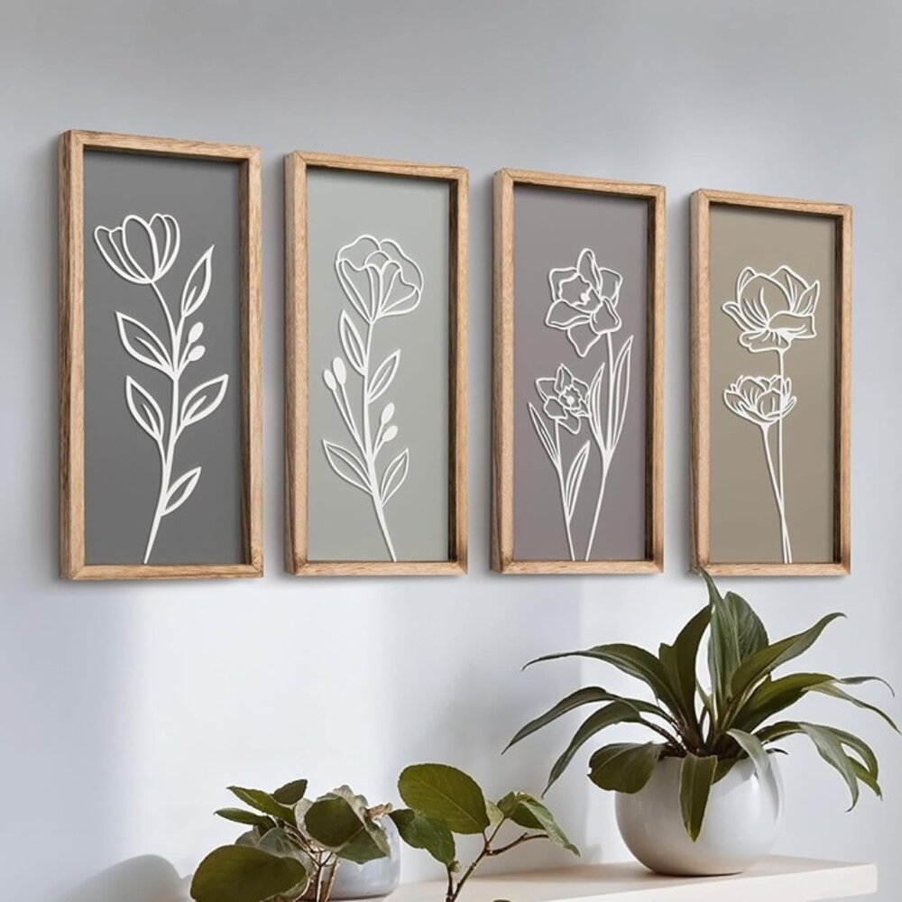 New 3D Wooden Floral Wall Art Set of 4 Boho Bathroom Living Room Office Decor